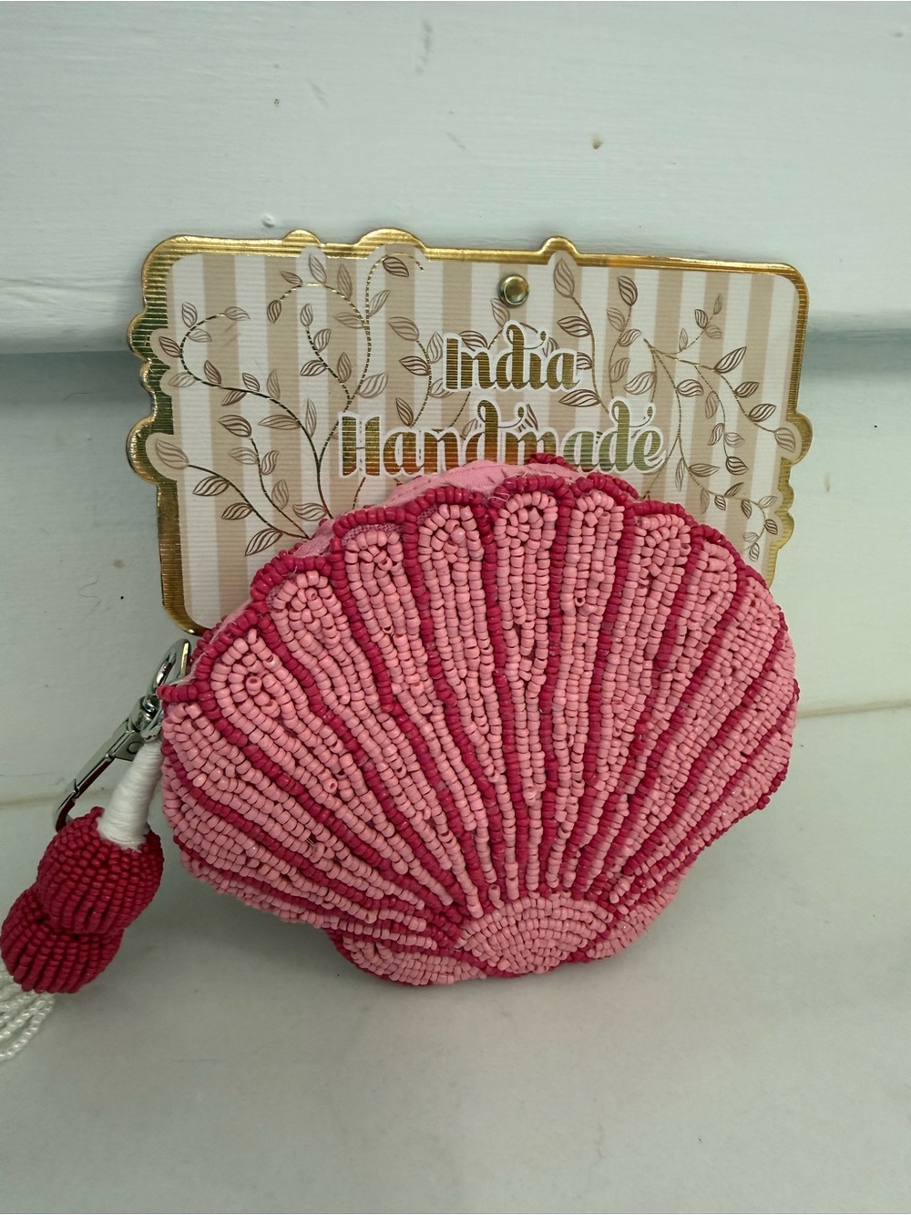 Handmade Pink Beaded Shell Coin Purse
